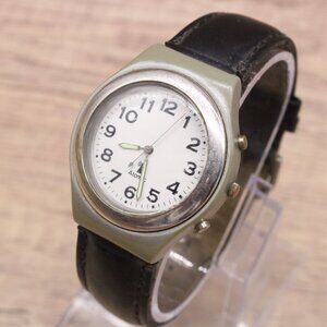 Vintage Atomic Watch Mens Silver Tone Stainless Steel Classic Black Leather Band